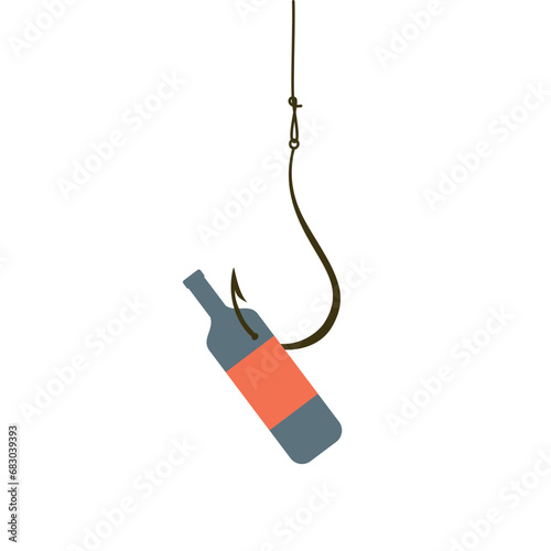 Bottle of alcohol hanging on a fishing hook