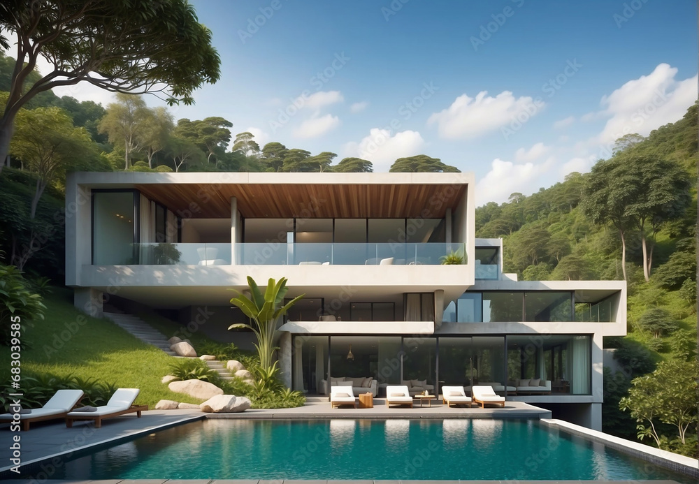 Fototapeta premium modern villa with swimming pool, on the hillside