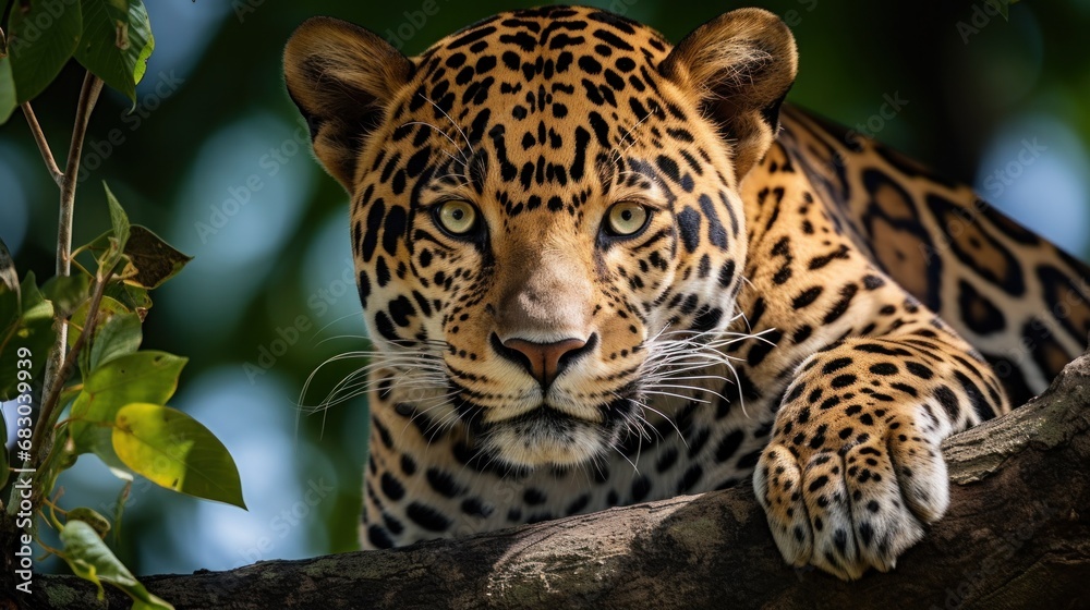 A majestic jaguar perched on a tree branch, staring into the distance with its piercing green eyes A majestic jaguar perched on a tree branch, staring into the distance with its piercing green eyes