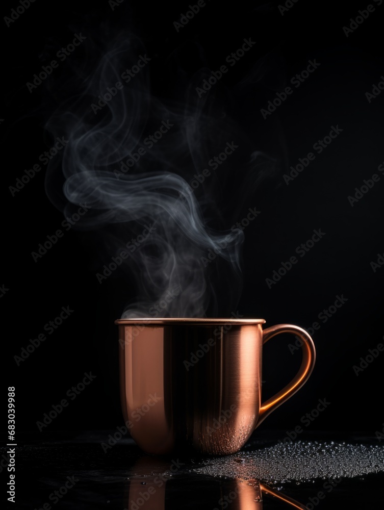 Copper Coffee Mug on Black Background. Photorealistic Cup with plume of steam on dark backdrop. Vertical Illustration. Ai Generated Hot Drink with Vapor. Copper Coffee Mug on Black Background. Photorealistic Cup with plume of steam on dark backdrop. Vertical Illustration. Ai Generated Hot Drink with Vapor.
