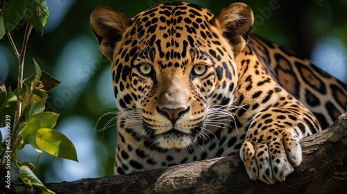 A majestic jaguar perched on a tree branch, staring into the distance with its piercing green eyes