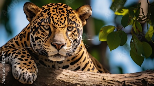 A majestic jaguar perched on a tree branch, staring into the distance with it...