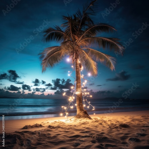 A single palm tree on a beach  wrapped in a string of light bulb garlands.