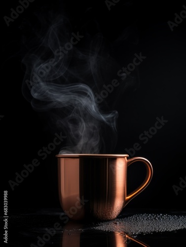 Copper Coffee Mug on Black Background. Photorealistic Cup with plume of steam on dark backdrop. Vertical Illustration. Ai Generated Hot Drink with Vapor.