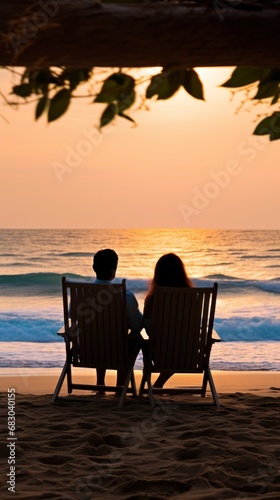 A romantic scene of a couple cuddling on a beach chair while watching the waves