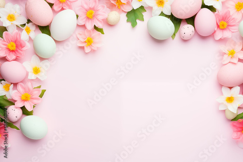 Pastel Easter Eggs and Pink Spring Flowers Border on Soft Background