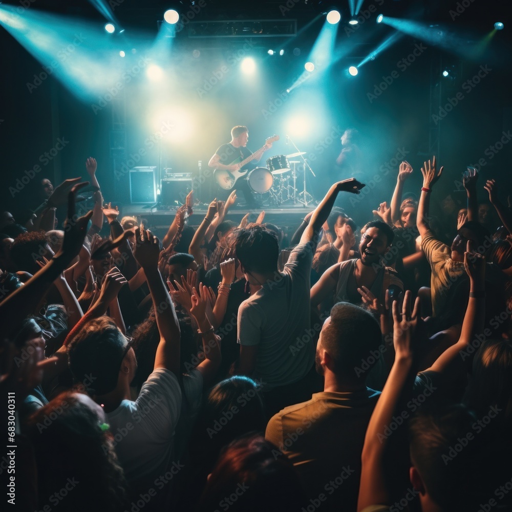 live band playing on stage in a dimly lit nightclub, with a sea of enthusiastic fans jumping