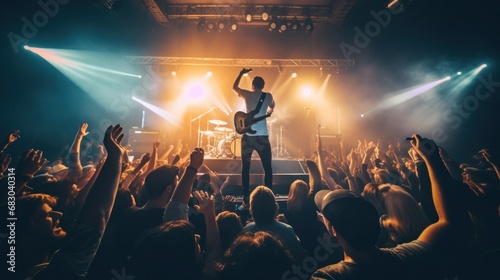 live band playing on stage in a dimly lit nightclub, with a sea of enthusiast...