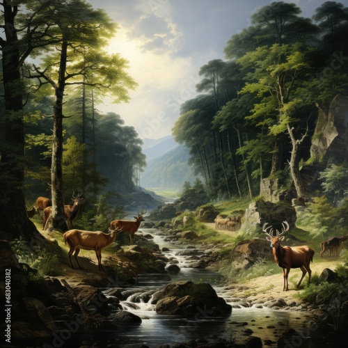  tranquil river flowing through the lush forest, with a variety of animals visible.