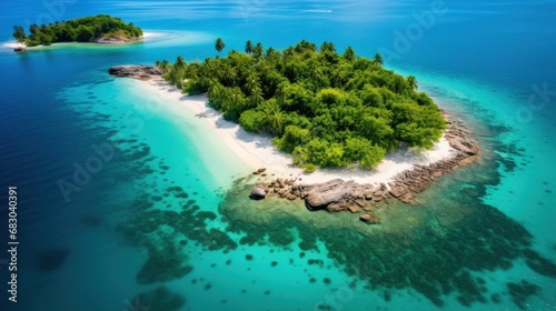 pristine tropical island with crystal clear waters and lush greenery
