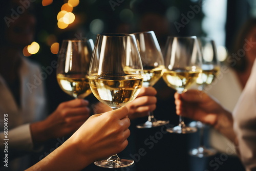 young hands toasting with wine glasses photo