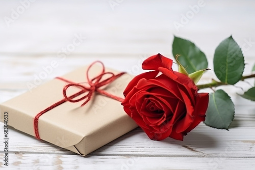 Valentines Day Background with Red Rose, Gift, and Heart Envelope on White Wooden Background - Created with generative AI tools