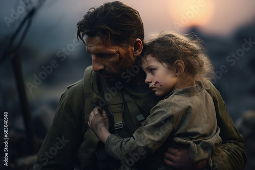 father hug his daughter, war concept