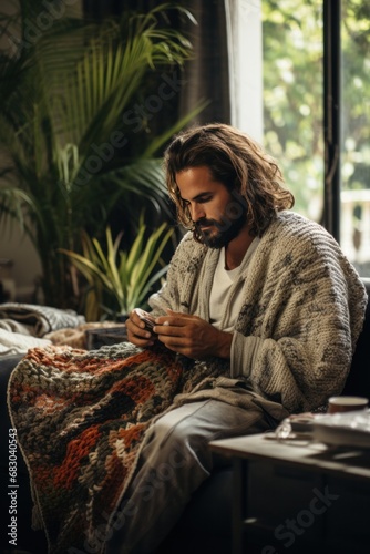 A man knitting a large blanket while sitting on a comfortable couch in his li...