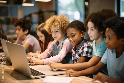 group of children learning on laptop in classroom