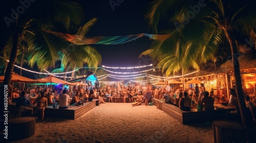 beach bar with bright lights and lively music, surrounded by palm trees and p...