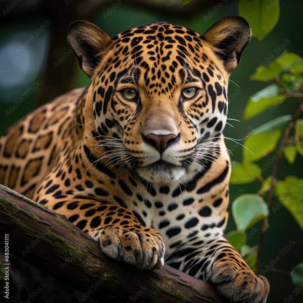 A majestic jaguar perched on a tree branch, staring into the distance with its piercing green eyes A majestic jaguar perched on a tree branch, staring into the distance with its piercing green eyes