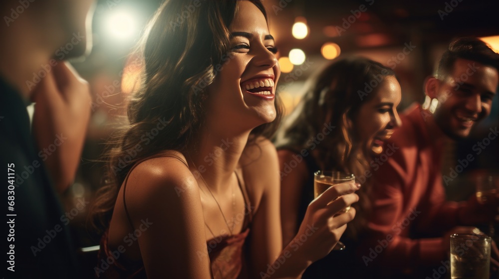 young woman holding a cocktail glass and laughing with her friends at a table, upscale nightclub