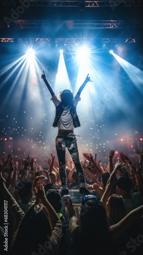 professional dancer performing on stage, surrounded by a mesmerized crowd and pulsing beats