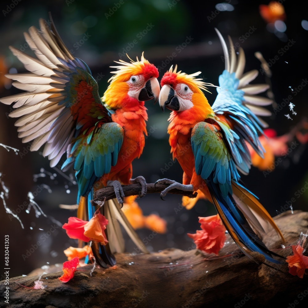 Obraz premium A pair of tropical birds engaged in a playful dance