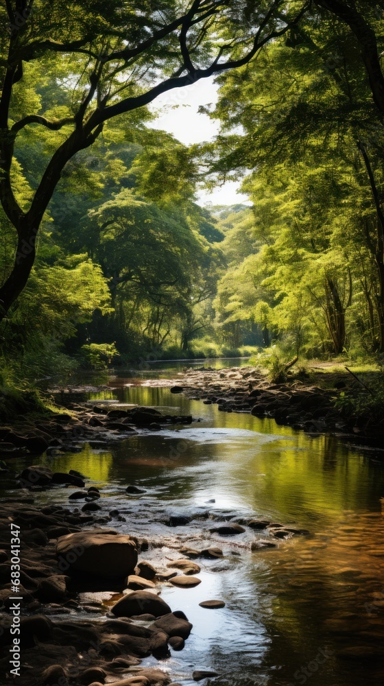  tranquil river flowing through the lush forest, with a variety of animals visible.