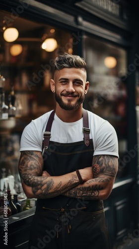 smiling barber standing in front of his shop