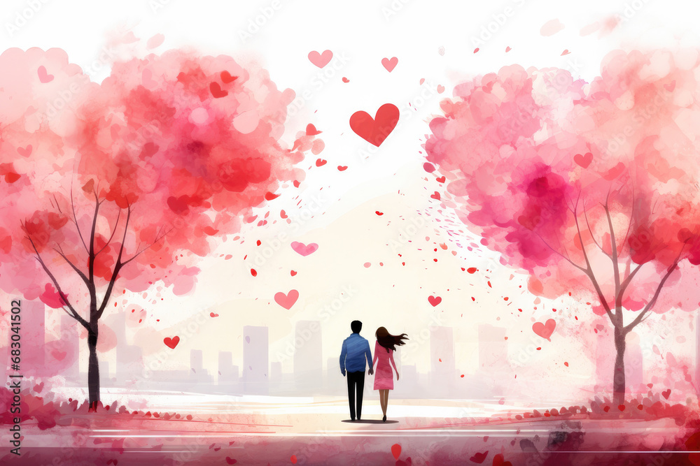 Horizontal advertisement of a couple walking among the trees in the urban park on a pink background of hearts. Cartoon, illustration, drawing, card, of Valentine's Day. Generative AI - obrazy, fototapety, plakaty 