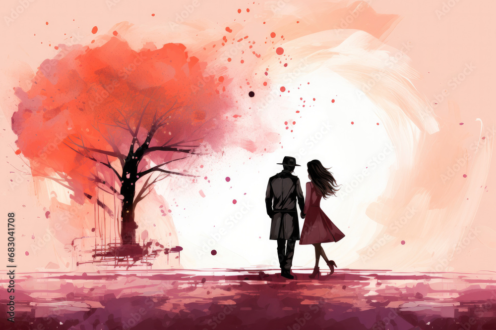 Watercolor, foil, painting of young couple in silhouette next to the tree of happiness with pastel background and copy space. Valentine's day. Ai generated