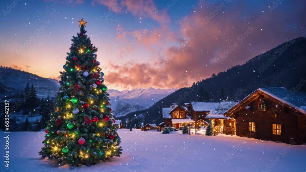 Christmas tree in the middle of forest in snowy winter. Christmas forest. Snowfall. Loop 4K.  Winter landscape with Christmas tree. Christmas winter background