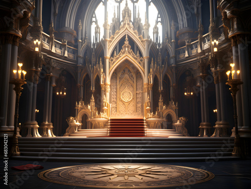 Castle's medieval throne room illustrated in 3D fantasy style,