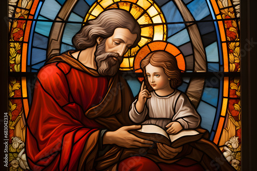 St, Joseph with Jesus Christ, the patron saint of the Catholic Church, depicted in a stained glass window at San Jose, photo