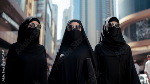 Young women in hijab walking around the city