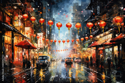 Defocused background with colorful lanterns on the streets of China town decorated for the Chinese New Year Celebration. Generative AI