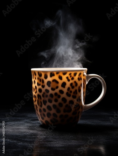 Leopard Fur Coffee Mug on Black Background. Photorealistic Cup with plume of steam on dark backdrop. Vertical Illustration. Ai Generated Hot Drink with Vapor.