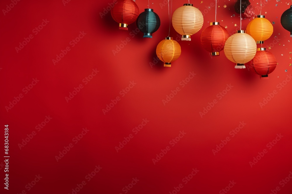 Chinese lanterns on red background with copy space for text. Chinese new year concept.
