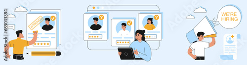 Recruitment agency, hiring, vector illustration set. Hr managers searching new employee, reading CV and giving job candidate review. Manager approves a new employee for a vacancy. Vector illustration.