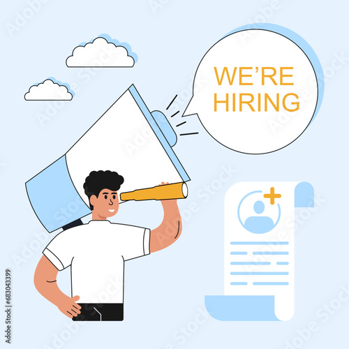 Man employer speaks on the loudspeaker, we are hiring !!!, and is looking for new employees. Recruitment agency, search for candidates online. Recruitment agency concept. Vector illustration.