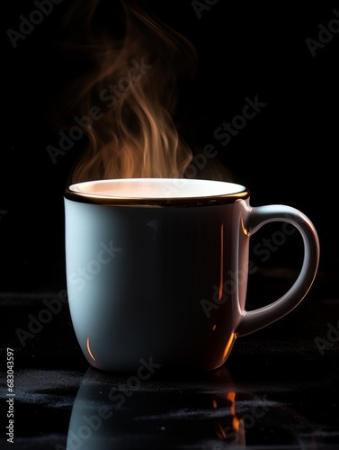 Opal Crystal Coffee Mug on Black Background. Photorealistic Cup with plume of steam on dark backdrop. Vertical Illustration. Ai Generated Hot Drink with Vapor.