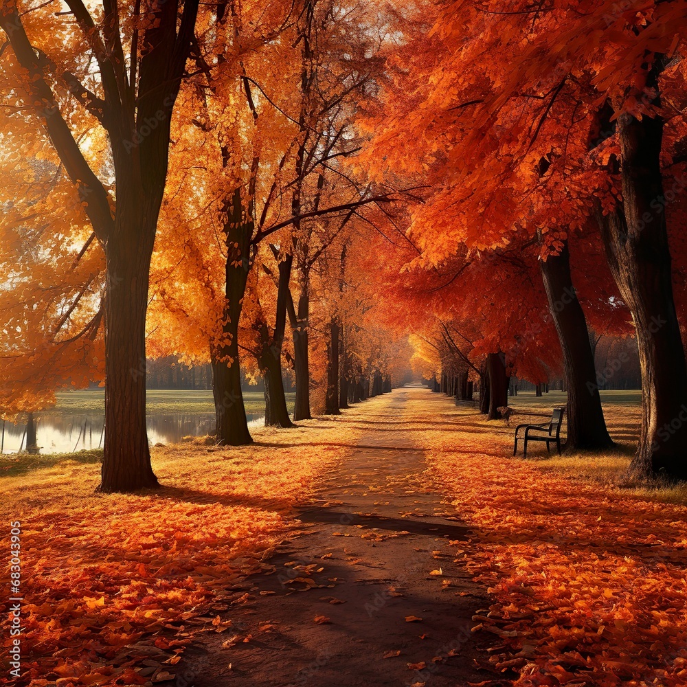 Wonderful autumn leaves landscape in large park - Generative AI
