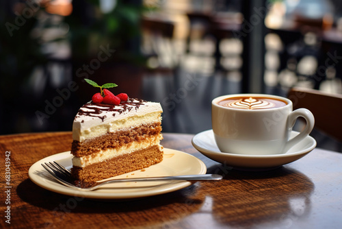 Piece of cake and cup of coffee on table in cafe
