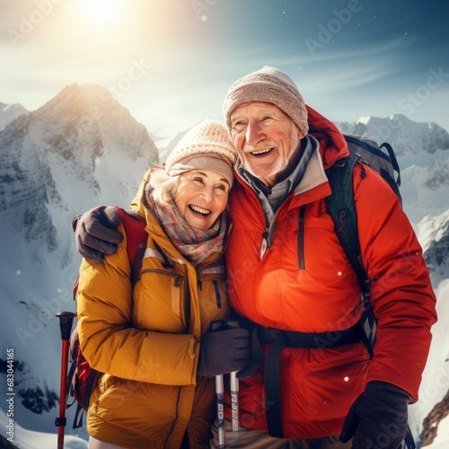Happy senior couple hiking in the mountains. They are looking at camera and smiling. photo