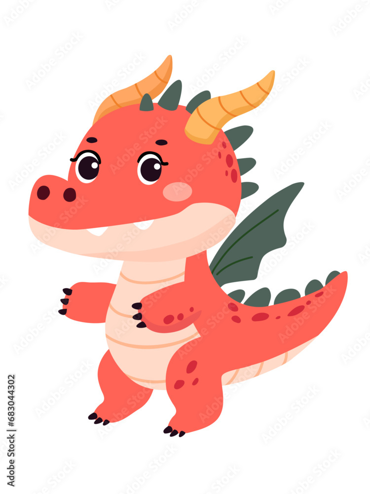 Cute christmas cartoon dragon with wings and horns. Vector fantasy character isolated on white background. Cute christmas cartoon dragon with wings and horns. Vector fantasy character isolated on white background.