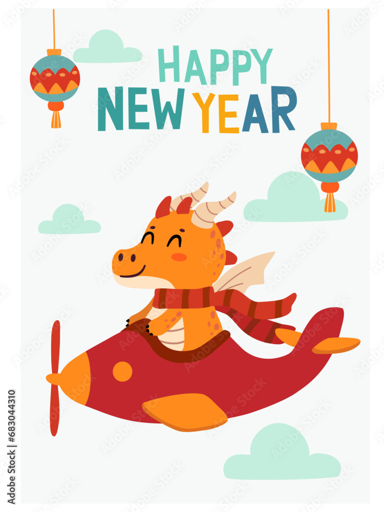 Fototapeta premium Happy Chinese New Year greeting card with cute cartoon dragon on a plane. Holidays cartoon character. Vector illustration. 