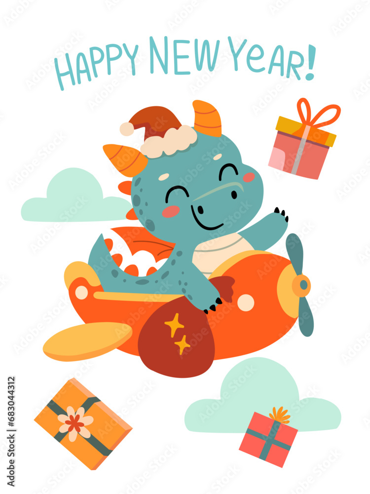 Fototapeta premium Happy Chinese New Year greeting card with cute cartoon dragon on a plane. Holidays cartoon character. Vector illustration. 