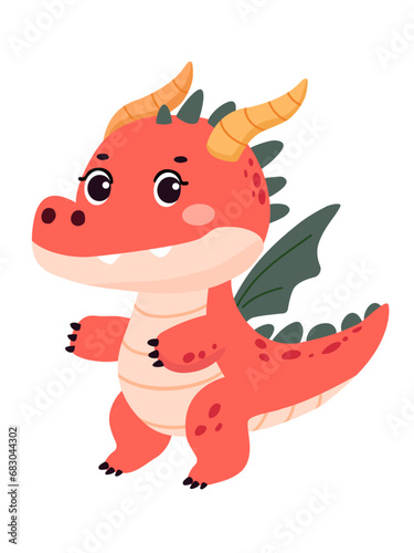 Cute christmas cartoon dragon with wings and horns. Vector fantasy character isolated on white background. © Tayisiya