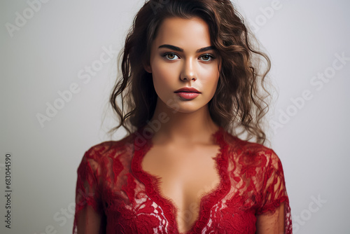 Portrait of beautiful young woman with makeup in fashion red lingerie