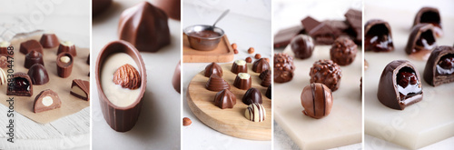 Collage of sweet chocolate candies on light background