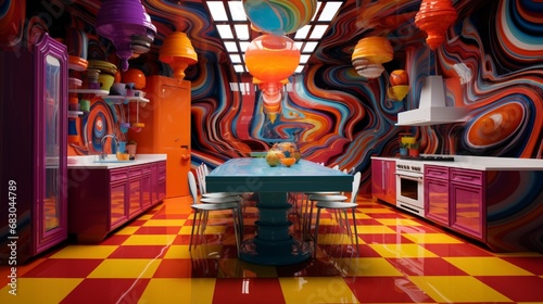 A surreal kitchen with distorted furniture pieces melding into a vibrant, kaleidoscopic visual spectacle.