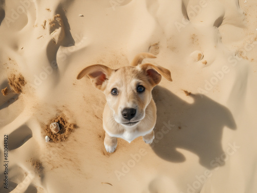 Cachorro fofo brincando na areia da praia, imagem de férias e viagem. photo