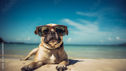 Cachorros fofos curtindo o período de férias junto com seus donos em viagem. Cachorros em posição de relaxamento e sossego, com acessórios de praia. photo